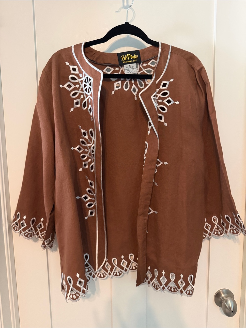 Bob Mackie Brown Linen Blend Jacket with White Embroidered Trim